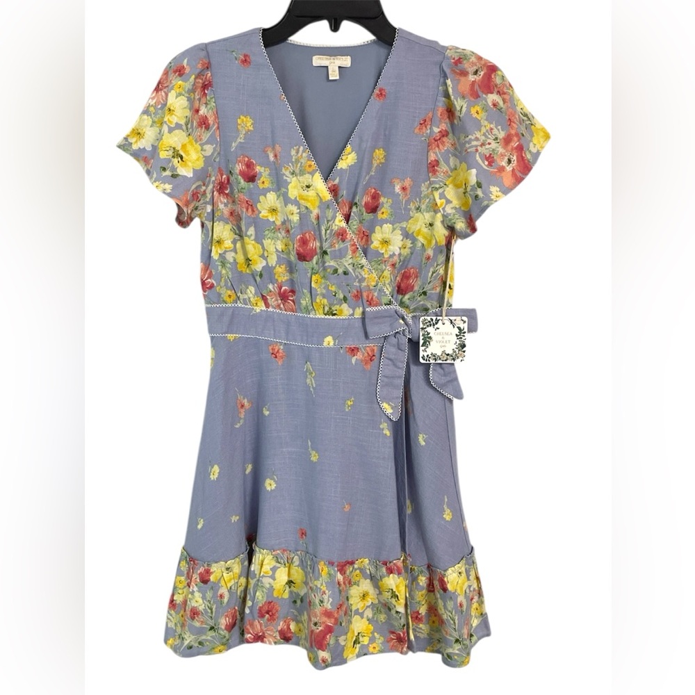 Chelsea & Violet Big Girls Wrap Dress - Size L(14), Blue Floral, NWT